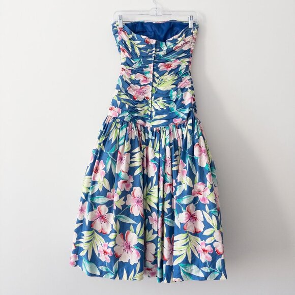 Victor Costa Vintage Floral Drop Waist Tulle Strapless Dress 1980s Lord & Taylor - Picture 4 of 11